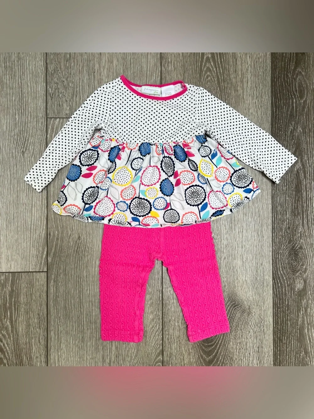 FIRST IMPRESSIONS 2PC LONG SLEEVE TOP AND RIBBED LEGGINGS OUTFIT PINK DOTS 6-9MO